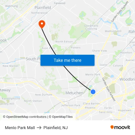 Menlo Park Mall to Plainfield, NJ map