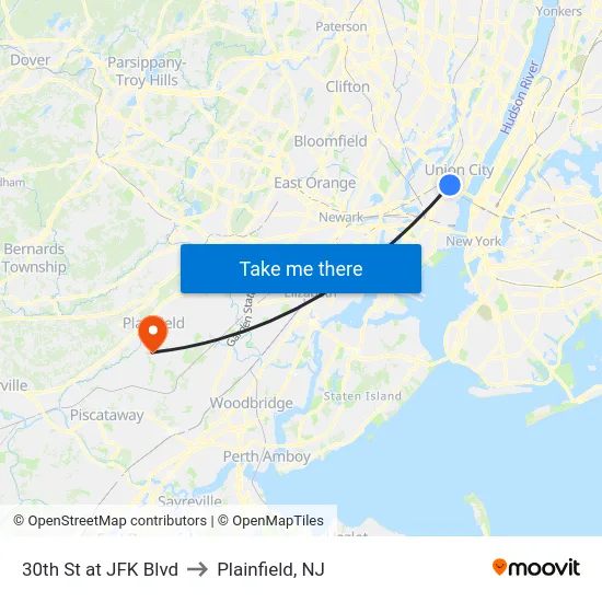 30th St at JFK Blvd to Plainfield, NJ map