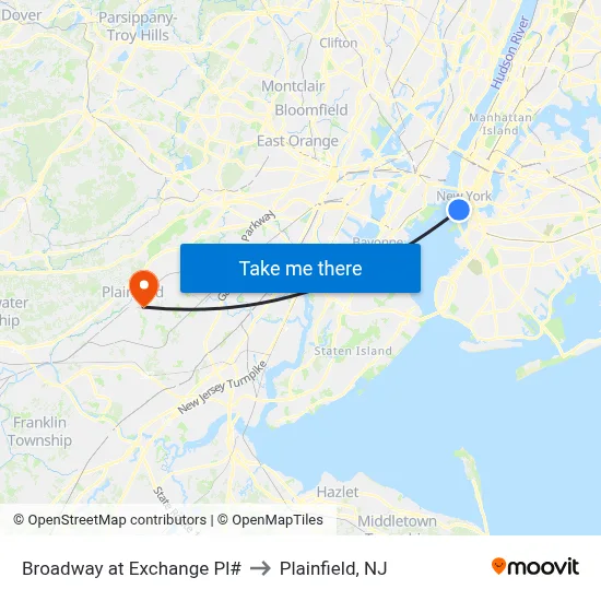 Broadway at Exchange Pl# to Plainfield, NJ map