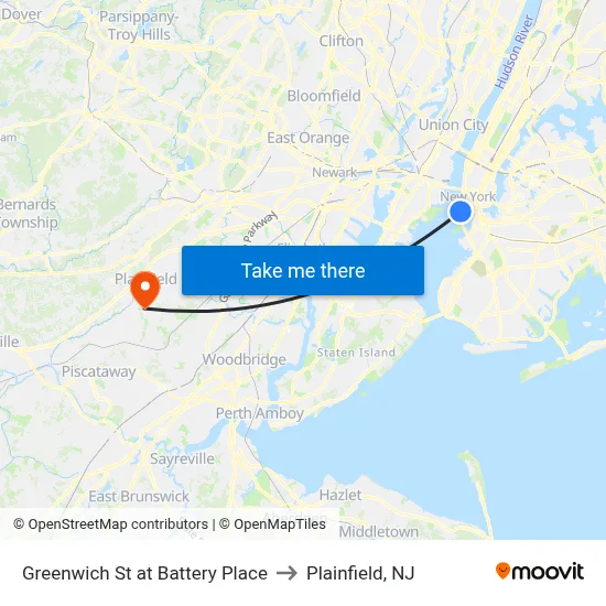 Greenwich St at Battery Place to Plainfield, NJ map