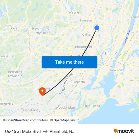 Us-46 at Mola Blvd to Plainfield, NJ map