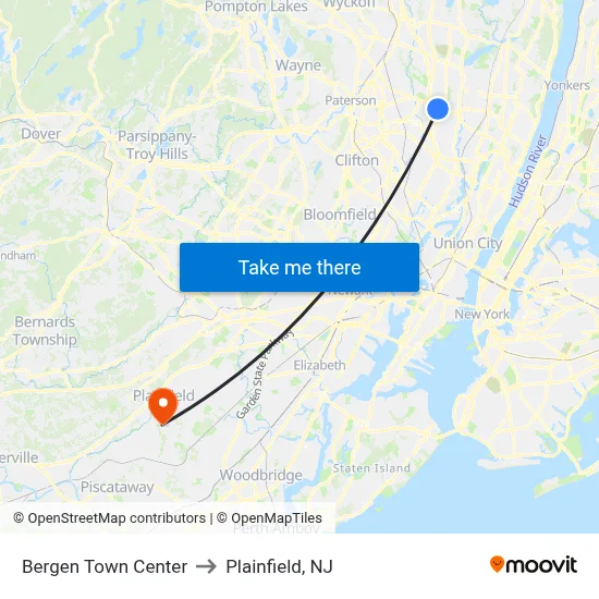 Bergen Town Center to Plainfield, NJ map