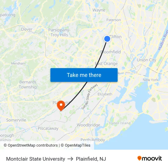 Montclair State University to Plainfield, NJ map