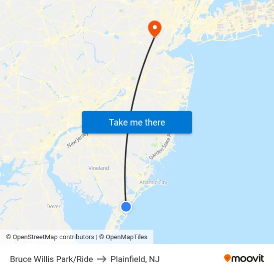 Bruce Willis Park/Ride to Plainfield, NJ map