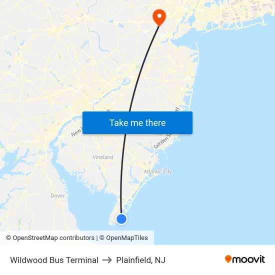 Wildwood Bus Terminal to Plainfield, NJ map