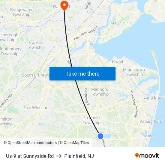 Us-9 at Sunnyside Rd to Plainfield, NJ map