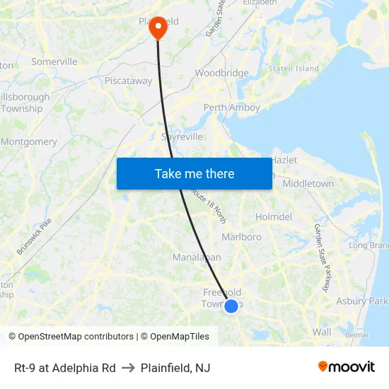 Rt-9 at Adelphia Rd to Plainfield, NJ map