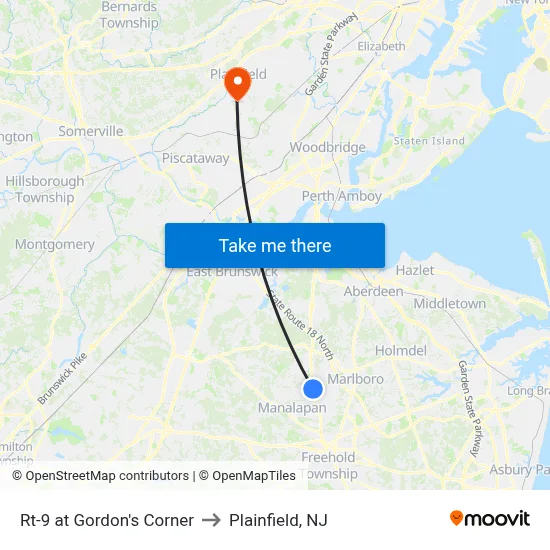 Rt-9 at Gordon's Corner to Plainfield, NJ map