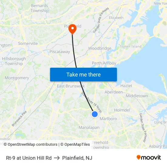 Rt-9 at Union Hill Rd to Plainfield, NJ map
