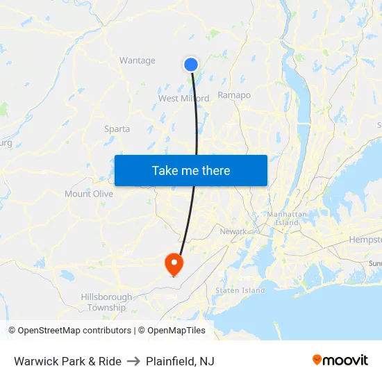 Warwick Park & Ride to Plainfield, NJ map