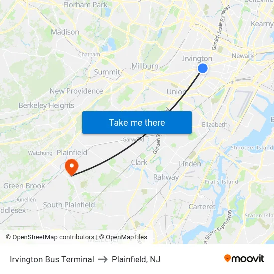 Irvington Bus Terminal to Plainfield, NJ map