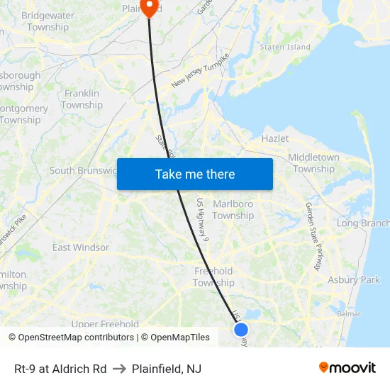 Rt-9 at Aldrich Rd to Plainfield, NJ map