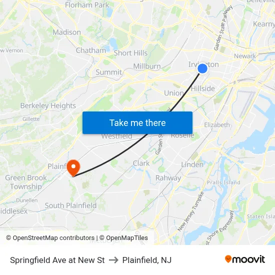 Springfield Ave at New St to Plainfield, NJ map