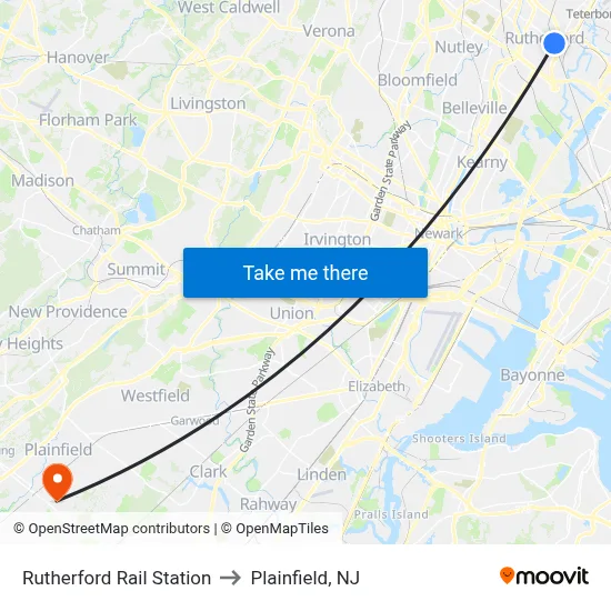 Rutherford Rail Station to Plainfield, NJ map