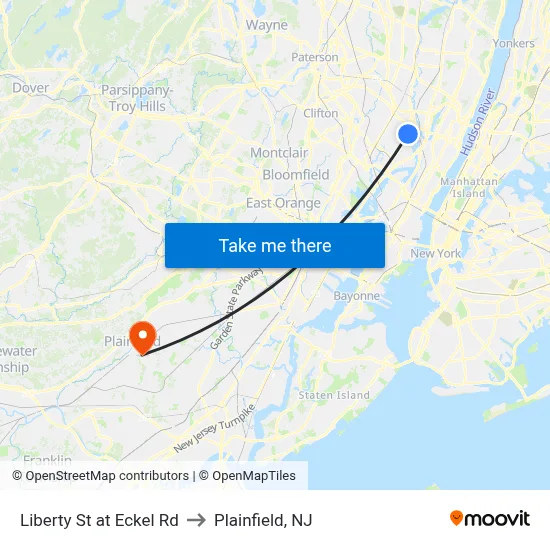 Liberty St at Eckel Rd to Plainfield, NJ map