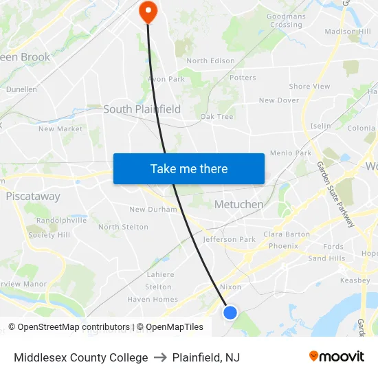 Middlesex County College to Plainfield, NJ map
