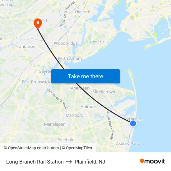 Long Branch Rail Station to Plainfield, NJ map