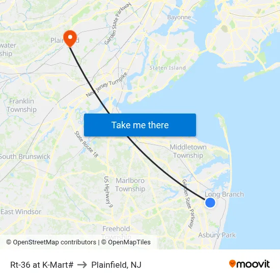 Rt-36 at K-Mart# to Plainfield, NJ map