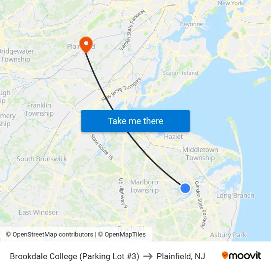 Brookdale College (Parking Lot #3) to Plainfield, NJ map