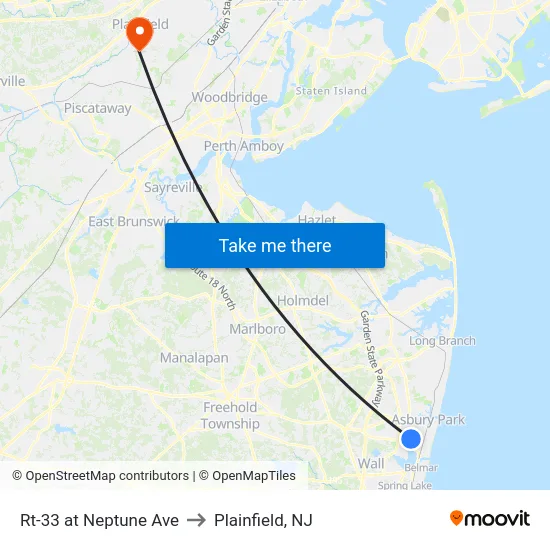 Rt-33 at Neptune Ave to Plainfield, NJ map