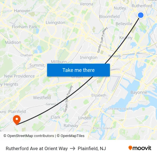 Rutherford Ave at Orient Way to Plainfield, NJ map