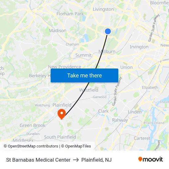 St Barnabas Medical Center to Plainfield, NJ map