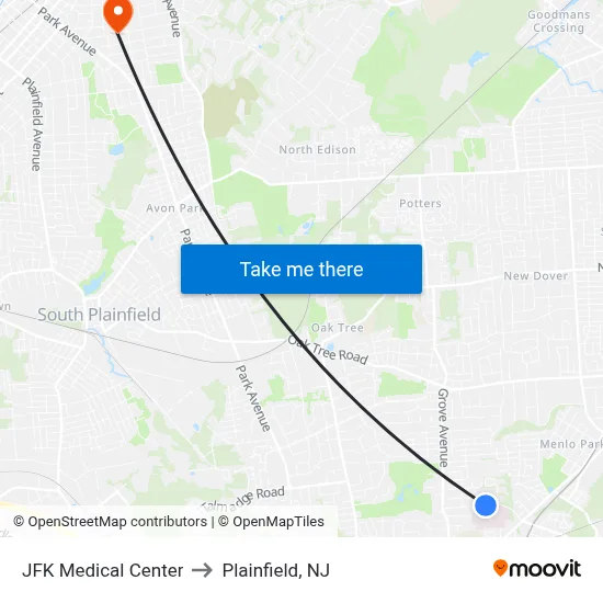 JFK Medical Center to Plainfield, NJ map