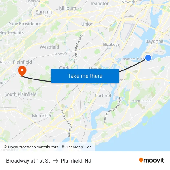 Broadway at 1st St to Plainfield, NJ map