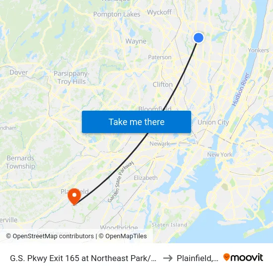 G.S. Pkwy Exit 165 at Northeast Park/Ride Lot to Plainfield, NJ map