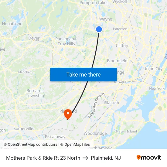Mothers Park & Ride Rt 23 North to Plainfield, NJ map