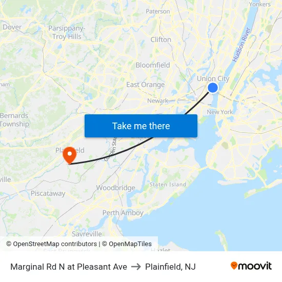 Marginal Rd N at Pleasant Ave to Plainfield, NJ map