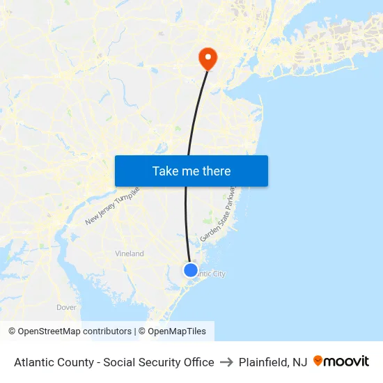 Atlantic County - Social Security Office to Plainfield, NJ map