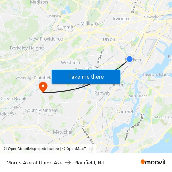 Morris Ave at Union Ave to Plainfield, NJ map