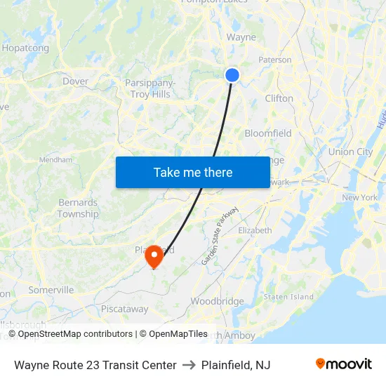 Wayne Route 23 Transit Center to Plainfield, NJ map