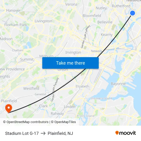 Stadium Lot G-17 to Plainfield, NJ map