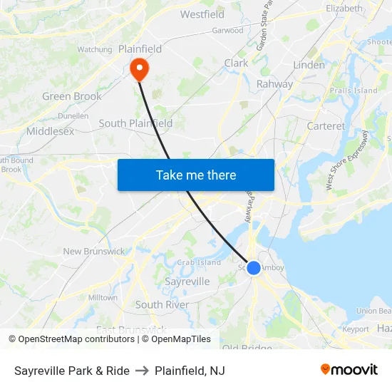 Sayreville Park & Ride to Plainfield, NJ map