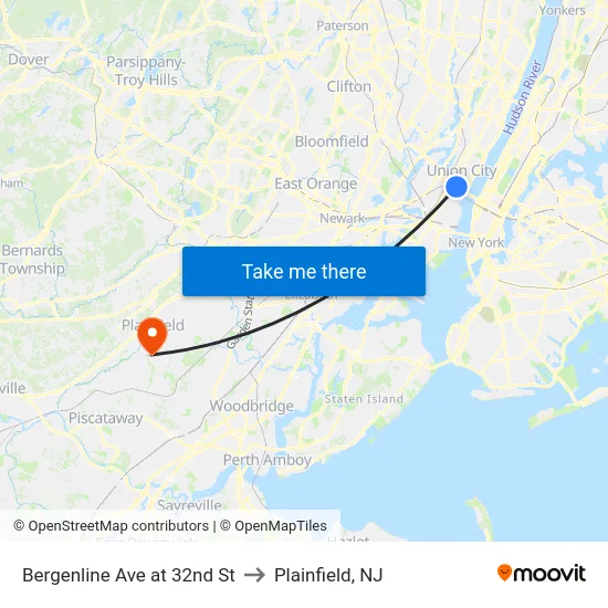 Bergenline Ave at 32nd St to Plainfield, NJ map