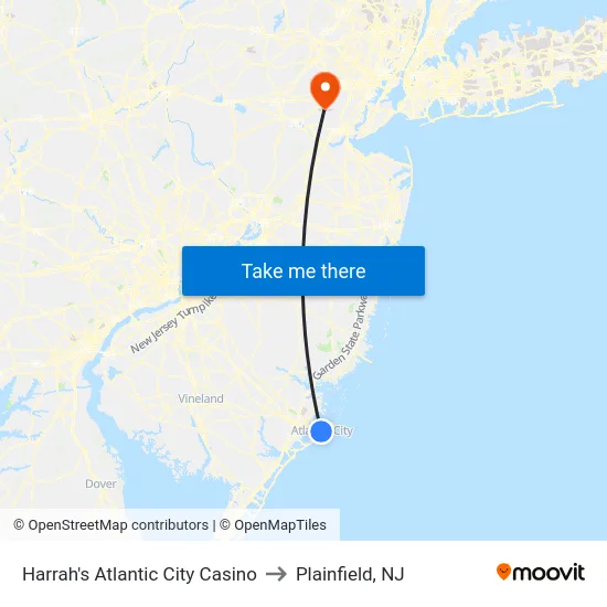 Harrah's Atlantic City Casino to Plainfield, NJ map