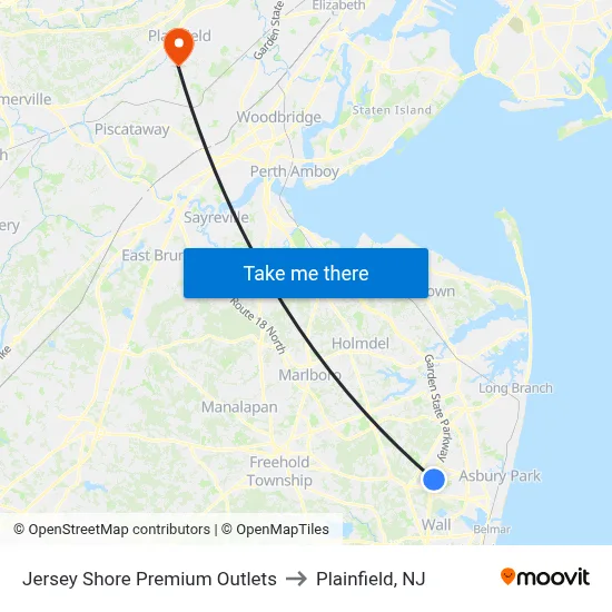 Jersey Shore Premium Outlets to Plainfield, NJ map