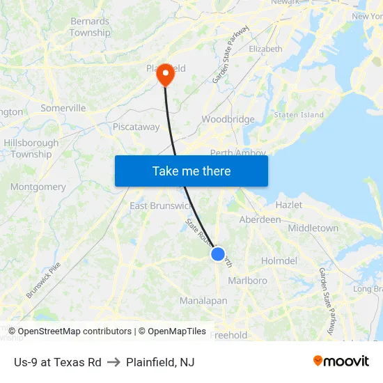 Us-9 at Texas Rd to Plainfield, NJ map