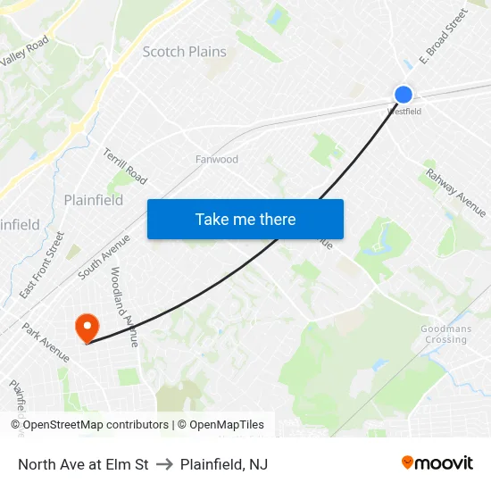 North Ave at Elm St to Plainfield, NJ map