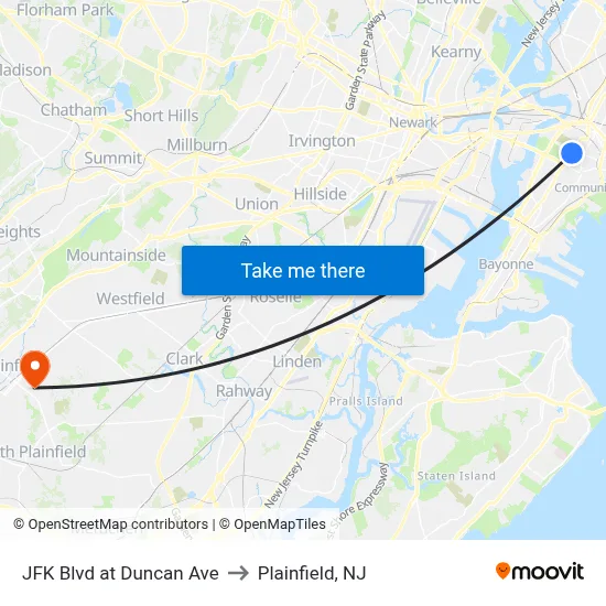 JFK Blvd at Duncan Ave to Plainfield, NJ map