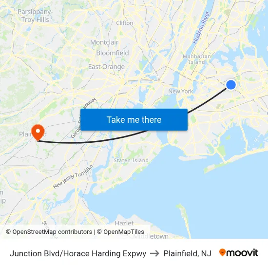 Junction Blvd/Horace Harding Expwy to Plainfield, NJ map