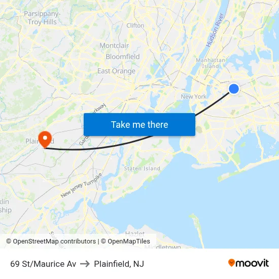 69 St/Maurice Av to Plainfield, NJ map