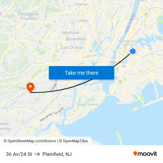 36 Av/24 St to Plainfield, NJ map