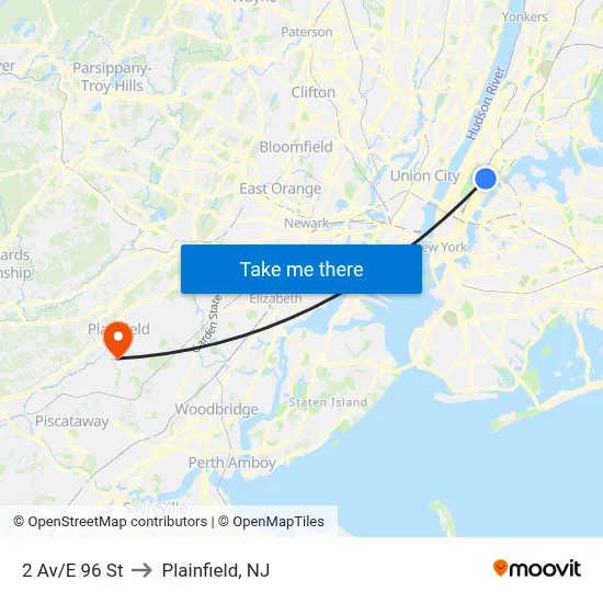 2 Av/E 96 St to Plainfield, NJ map