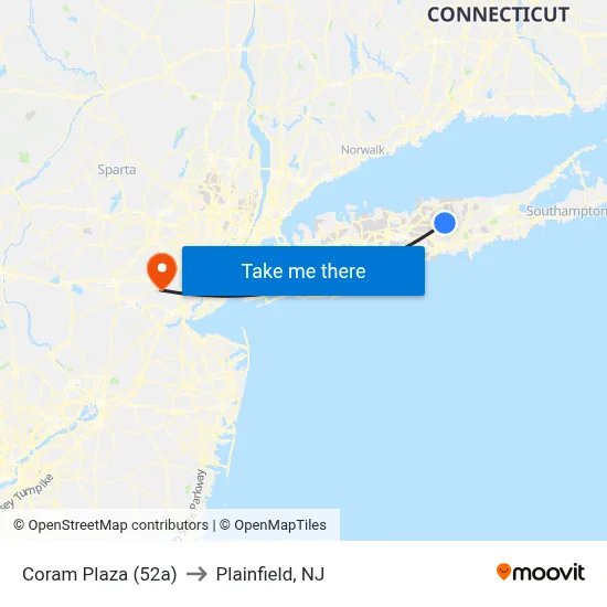 Coram Plaza (52a) to Plainfield, NJ map