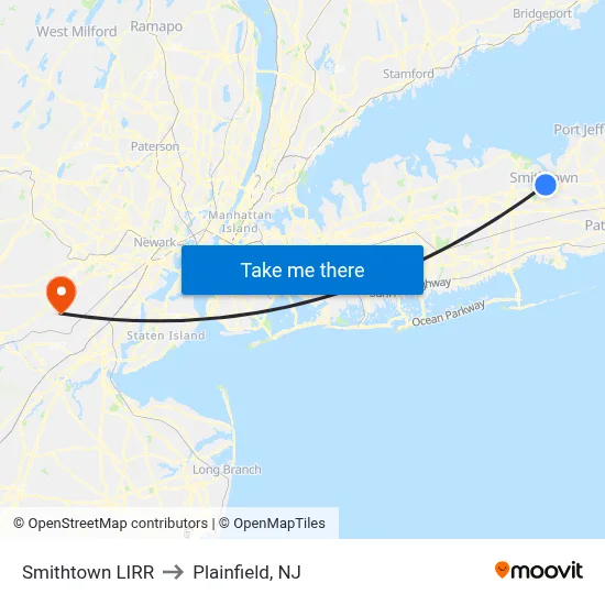 Smithtown LIRR to Plainfield, NJ map