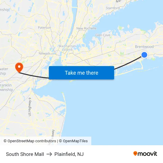 South Shore Mall to Plainfield, NJ map