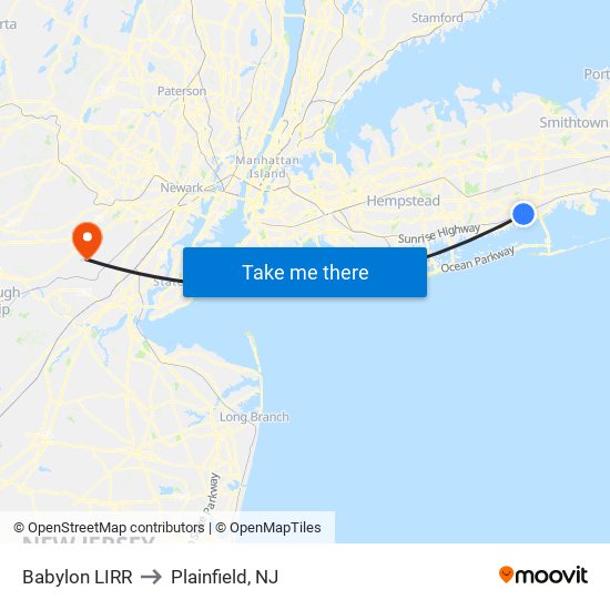 Babylon LIRR to Plainfield, NJ map